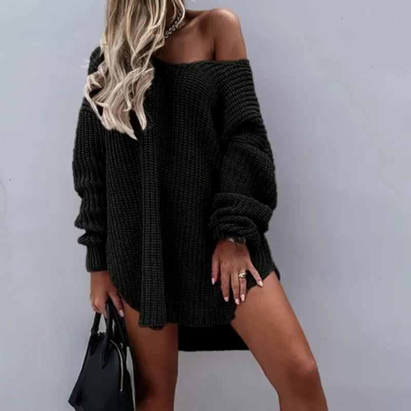 Women'S Slit Hem Drop Shoulder Sweater, New Autumn and Winter Knitted Top, Can Be Worn as a Skirt, One-Shoulder Sweater, Deep V-Neck Top, Personality Often Women'S Clothing，Engagement Bride Crewneck Sweatshirt