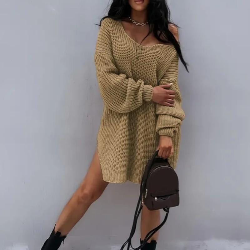 Women'S Slit Hem Drop Shoulder Sweater, New Autumn and Winter Knitted Top, Can Be Worn as a Skirt, One-Shoulder Sweater, Deep V-Neck Top, Personality Often Women'S Clothing，Engagement Bride Crewneck Sweatshirt