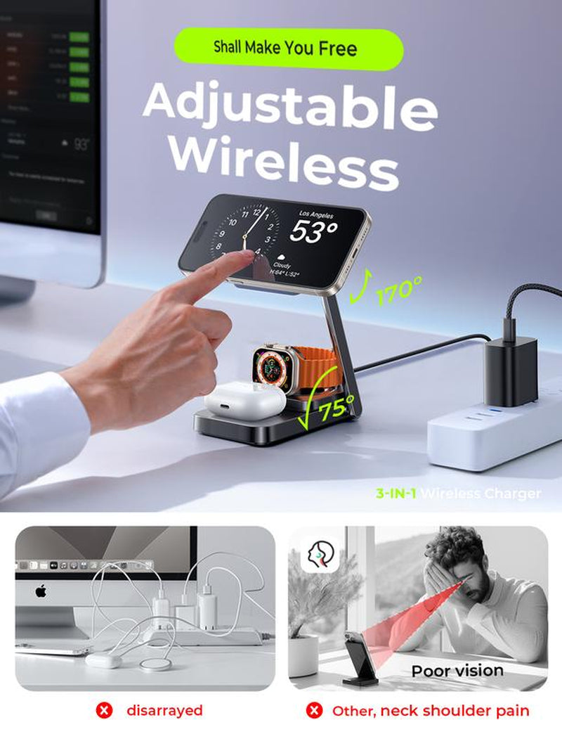 LISEN Foldable Sleek Design Charger 3 in 1 for Apple Magsafe Charger Stand Wireless Charger Iphone and Watch Charging Station for Multiple Devices for Apple with Iphone 15 Pro Max Airpods Apple Watch Perfect Gifts