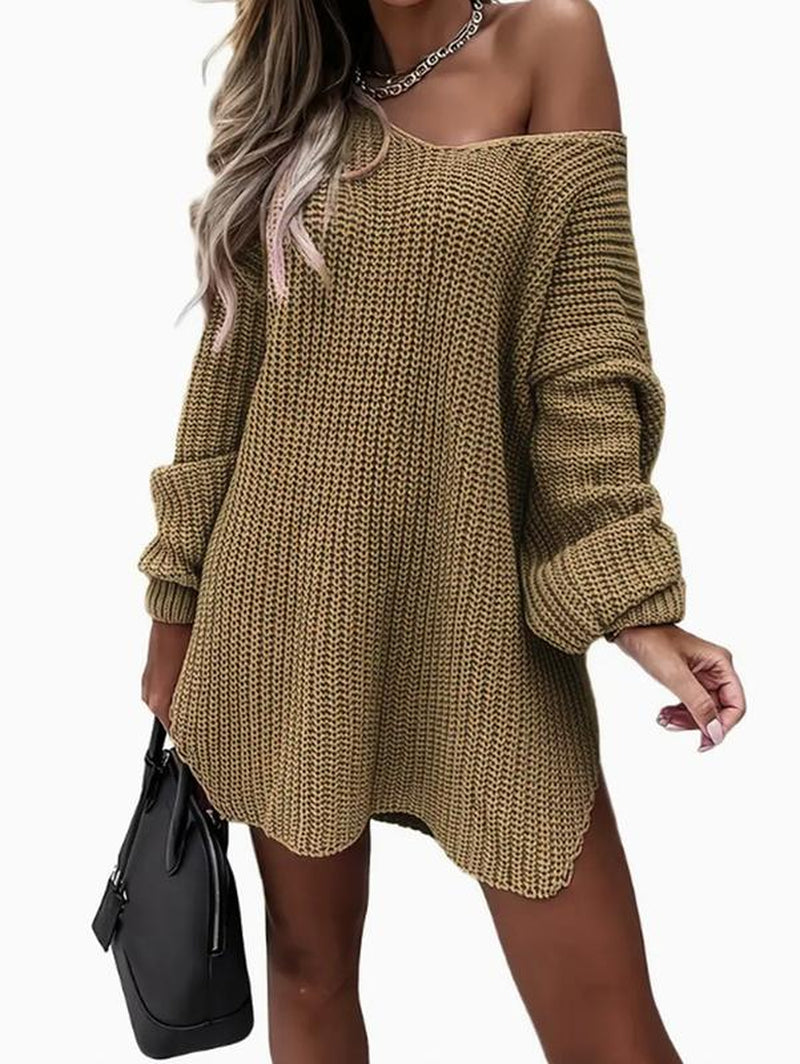 Women'S Slit Hem Drop Shoulder Sweater, New Autumn and Winter Knitted Top, Can Be Worn as a Skirt, One-Shoulder Sweater, Deep V-Neck Top, Personality Often Women'S Clothing，Engagement Bride Crewneck Sweatshirt