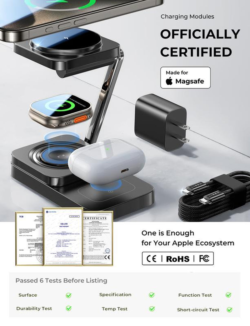 LISEN Foldable Sleek Design Charger 3 in 1 for Apple Magsafe Charger Stand Wireless Charger Iphone and Watch Charging Station for Multiple Devices for Apple with Iphone 15 Pro Max Airpods Apple Watch Perfect Gifts