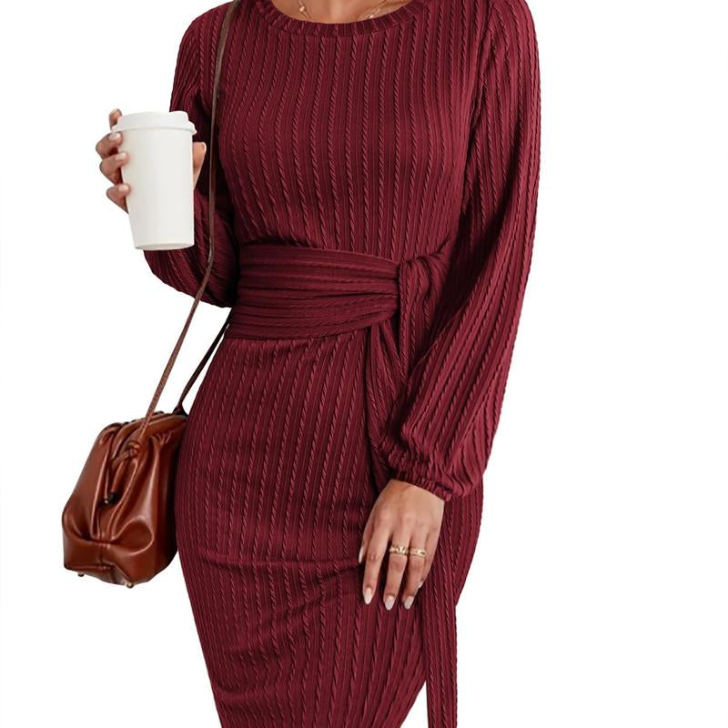 Women'S Elegant Knit Dress Long Lantern Sleeve Fall Bodycon Crewneck Tie Waist Rib Knitted Sweater Dresses Basic Chic Minimalist