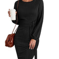 Women'S Elegant Knit Dress Long Lantern Sleeve Fall Bodycon Crewneck Tie Waist Rib Knitted Sweater Dresses Basic Chic Minimalist