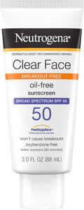 Clear Face Sunscreen Lotion for Acne-Prone Skin, Broad Spectrum SPF 50 Facial Sunscreen for Oily Skin, Oil-, Fragrance- & Oxybenzone-Free Water Resistant Sunscreen, 3 Fl. Oz
