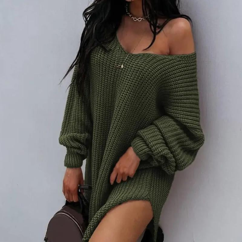 Women'S Slit Hem Drop Shoulder Sweater, New Autumn and Winter Knitted Top, Can Be Worn as a Skirt, One-Shoulder Sweater, Deep V-Neck Top, Personality Often Women'S Clothing，Engagement Bride Crewneck Sweatshirt