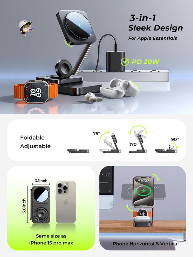 LISEN Foldable Sleek Design Charger 3 in 1 for Apple Magsafe Charger Stand Wireless Charger Iphone and Watch Charging Station for Multiple Devices for Apple with Iphone 15 Pro Max Airpods Apple Watch Perfect Gifts