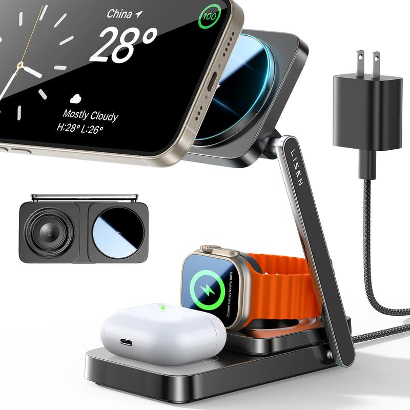 LISEN Foldable Sleek Design Charger 3 in 1 for Apple Magsafe Charger Stand Wireless Charger Iphone and Watch Charging Station for Multiple Devices for Apple with Iphone 15 Pro Max Airpods Apple Watch Perfect Gifts