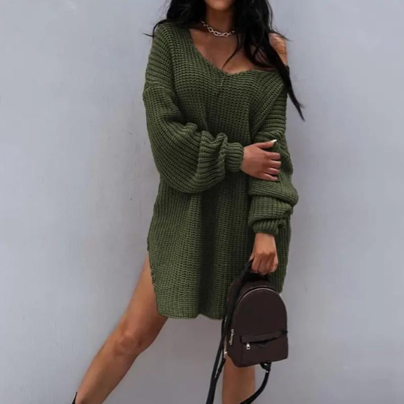 Women'S Slit Hem Drop Shoulder Sweater, New Autumn and Winter Knitted Top, Can Be Worn as a Skirt, One-Shoulder Sweater, Deep V-Neck Top, Personality Often Women'S Clothing，Engagement Bride Crewneck Sweatshirt