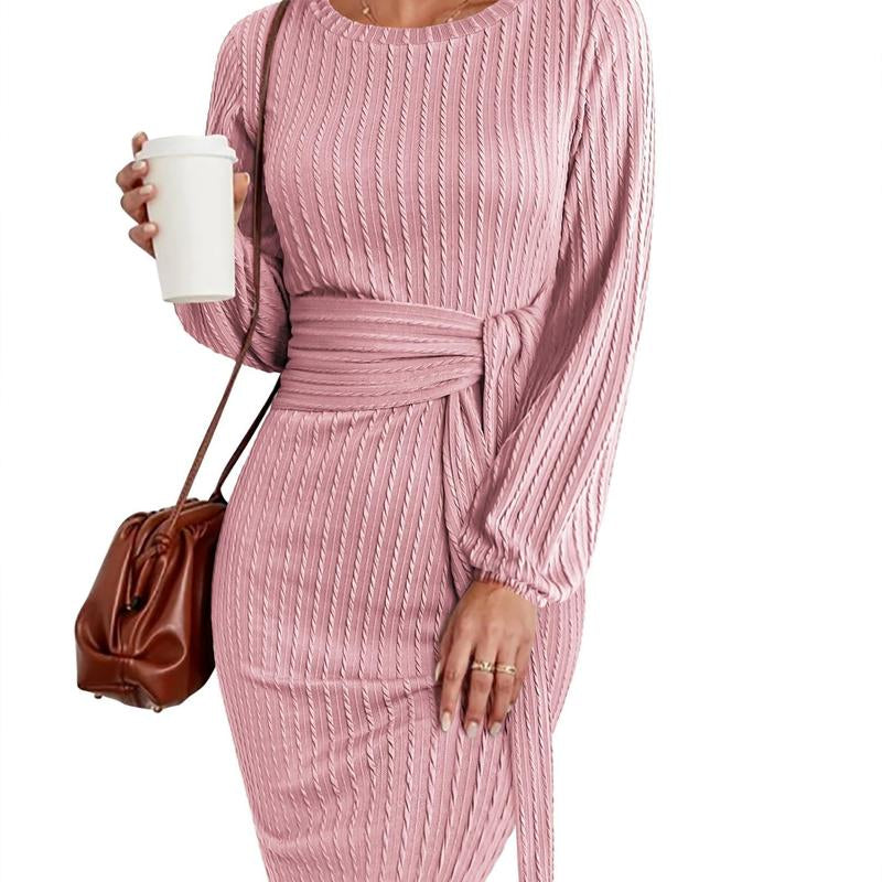 Women'S Elegant Knit Dress Long Lantern Sleeve Fall Bodycon Crewneck Tie Waist Rib Knitted Sweater Dresses Basic Chic Minimalist