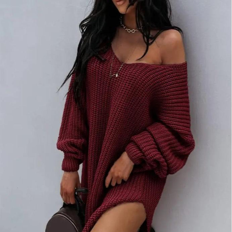 Women'S Slit Hem Drop Shoulder Sweater, New Autumn and Winter Knitted Top, Can Be Worn as a Skirt, One-Shoulder Sweater, Deep V-Neck Top, Personality Often Women'S Clothing，Engagement Bride Crewneck Sweatshirt