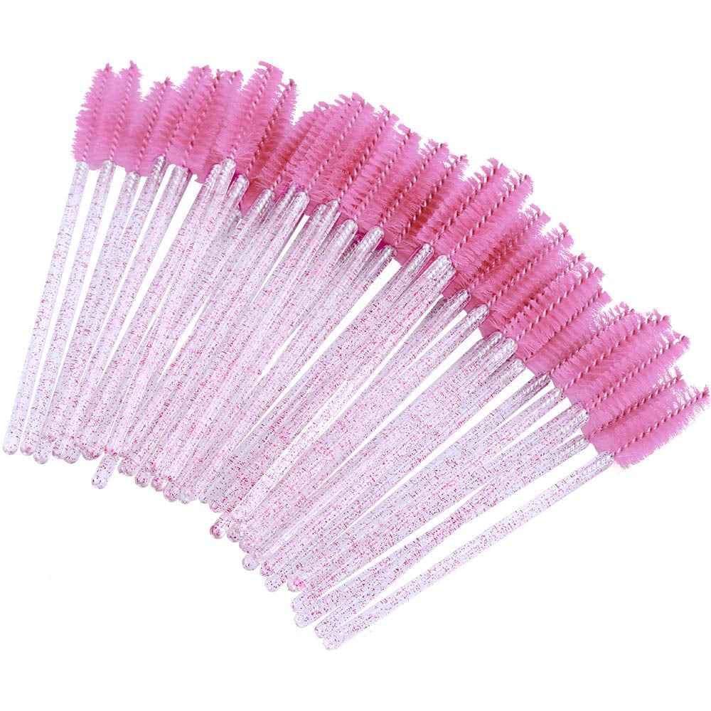 100PCS Eyelash Mascara Brushes, Disposable Lash Spoolies, Crystal Mascara Wands Makeup Kits for Eyelash Extensions and Eyebrow (Pink)