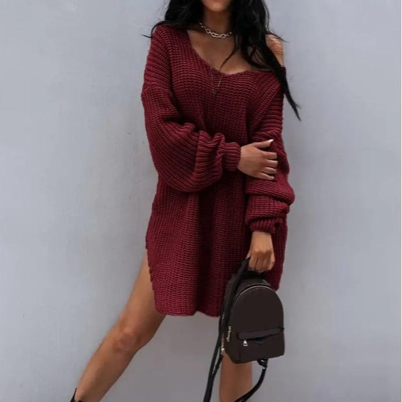 Women'S Slit Hem Drop Shoulder Sweater, New Autumn and Winter Knitted Top, Can Be Worn as a Skirt, One-Shoulder Sweater, Deep V-Neck Top, Personality Often Women'S Clothing，Engagement Bride Crewneck Sweatshirt